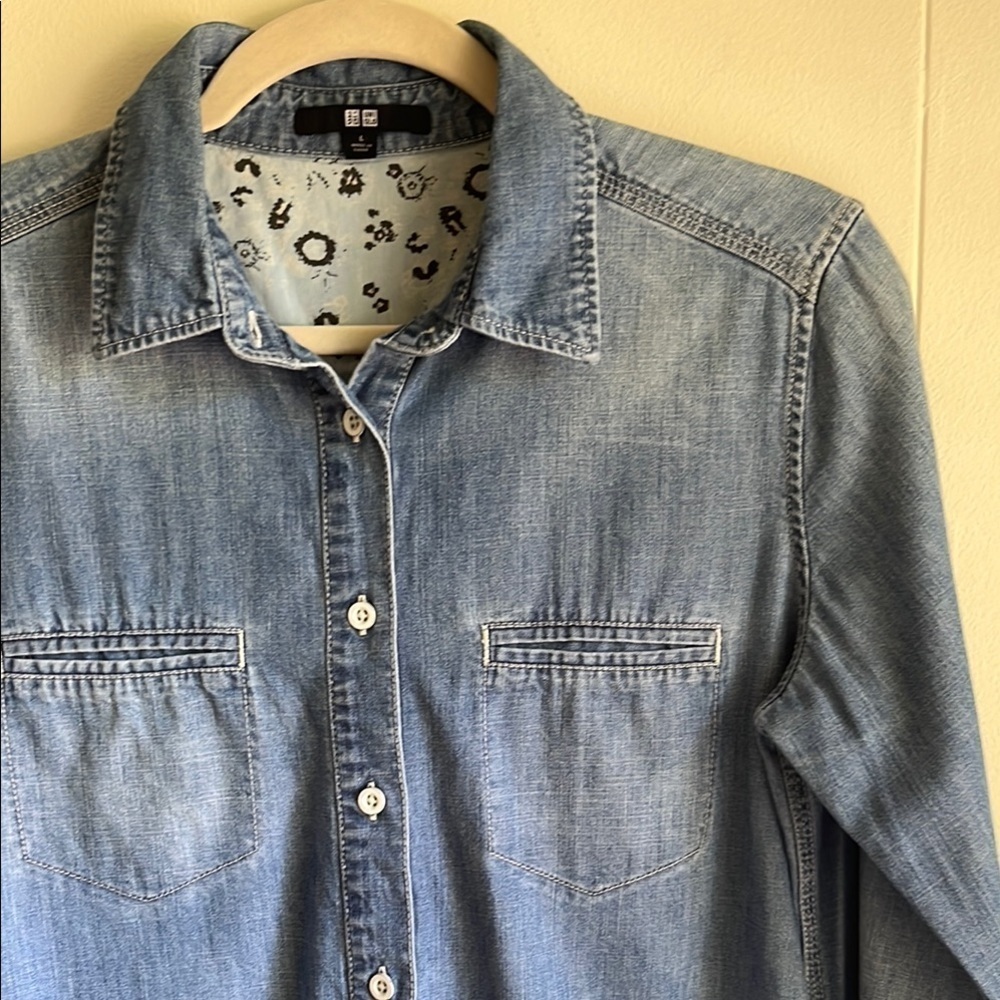 Uniqlo Women’s Denim Long Sleeve Popover Shirt Dress Tunic Top Button Front Sz L - Picture 3 of 13